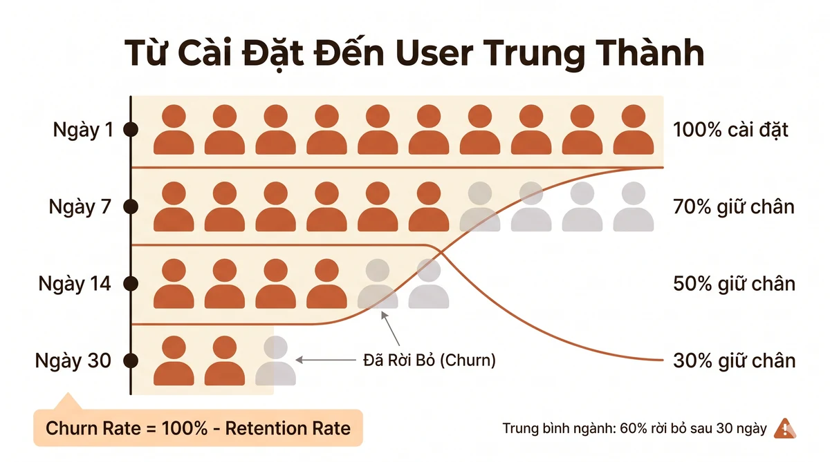Từ cài đặt đến user trung thành: retention curve D1-D30 và công thức Churn Rate = 100% - Retention Rate