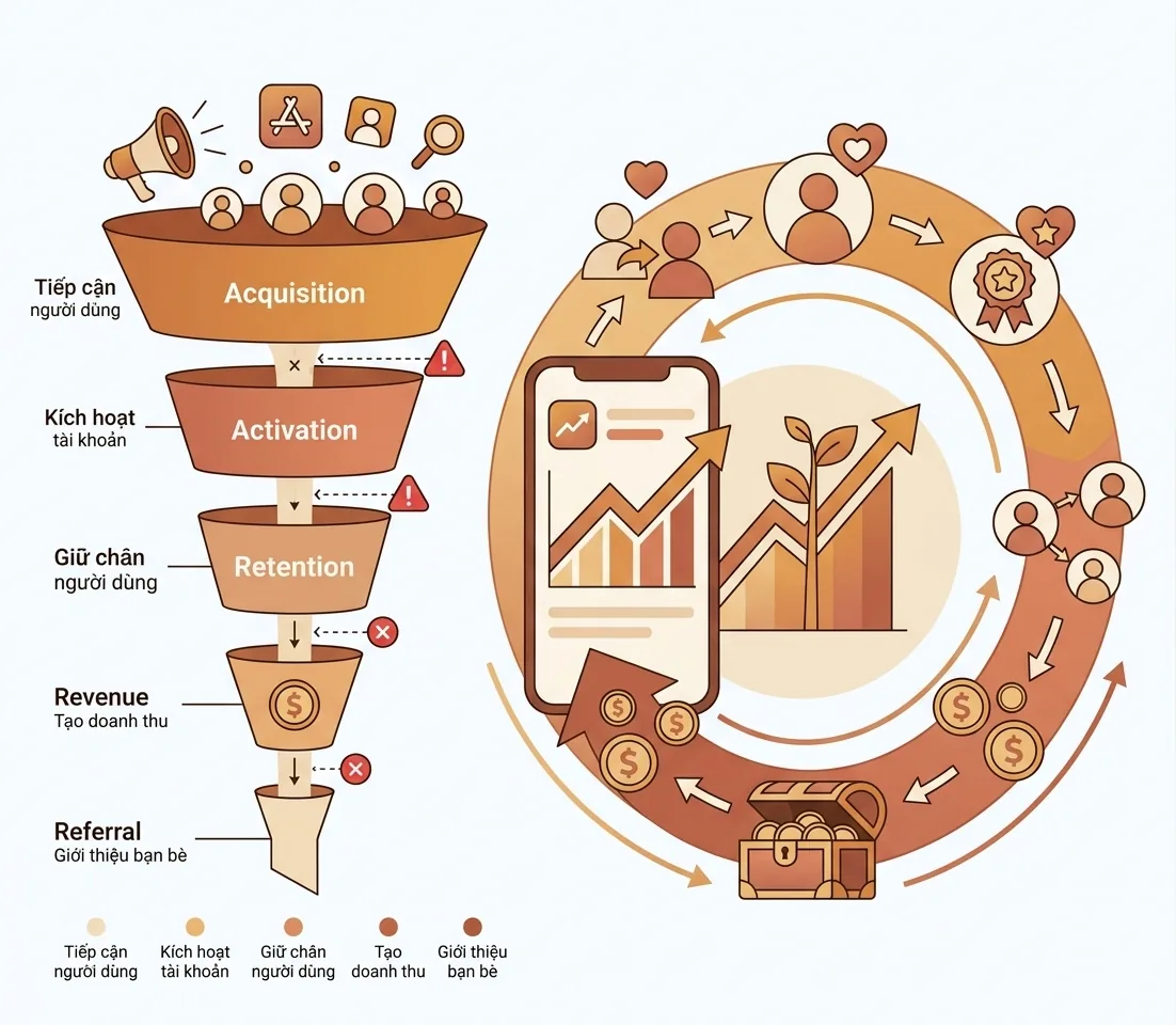 Growth Marketing so với Performance Marketing cho app mobile với growth loop và funnel