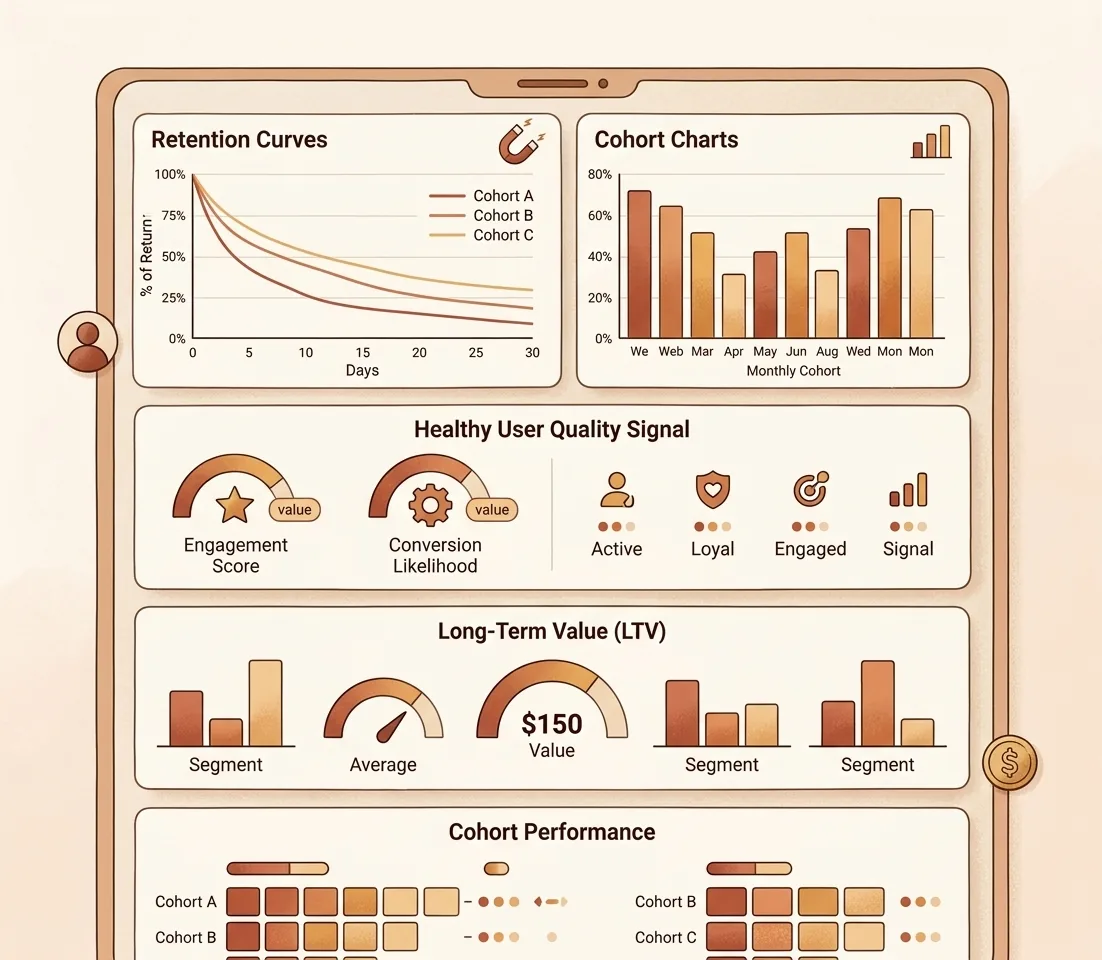 Minh họa retention, LTV, cohort quality và KPI cho Growth Marketing app mobile