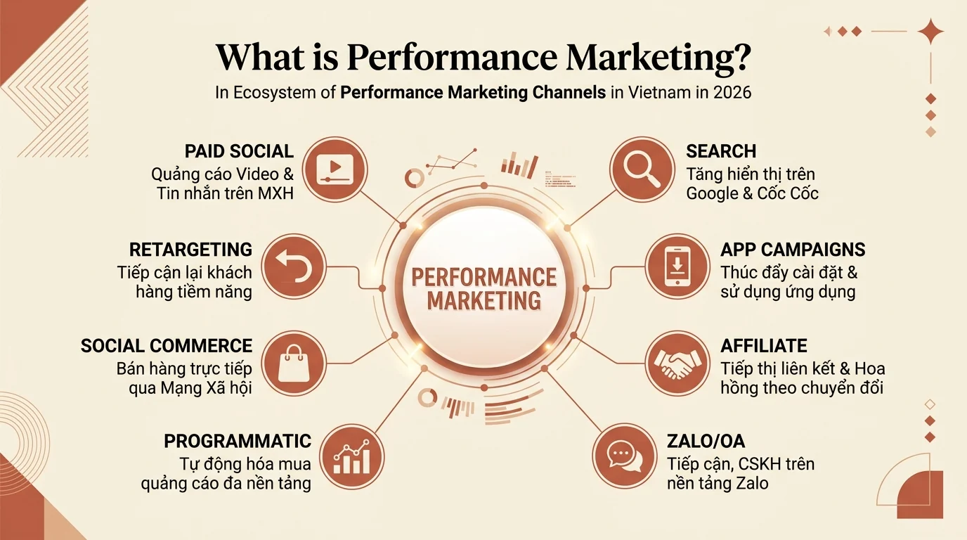 Sơ đồ hệ sinh thái kênh Performance Marketing gồm Paid Social Search App Campaigns Affiliate Zalo Programmatic Social Commerce và Retargeting