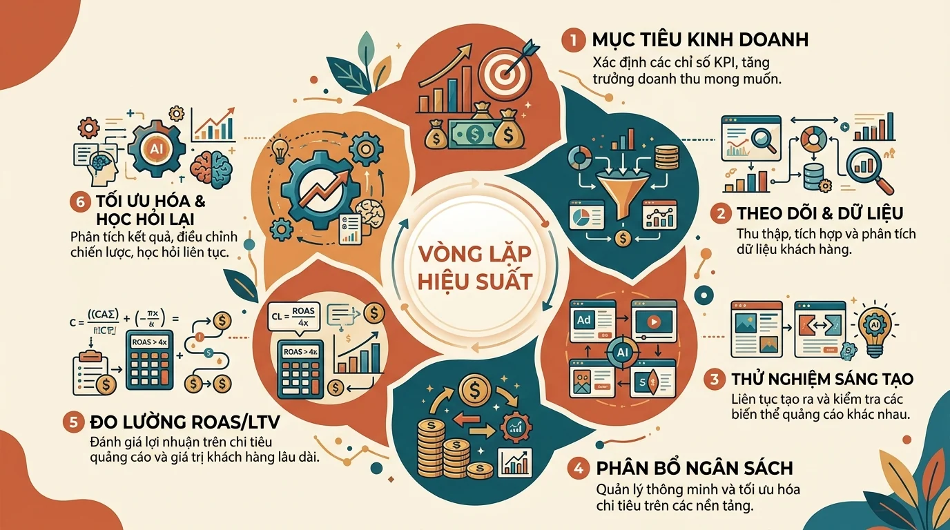 Infographic vòng lặp Performance Marketing gồm mục tiêu dữ liệu creative ngân sách ROAS và tối ưu