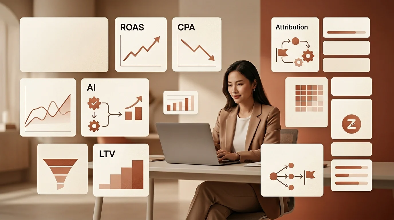 Performance marketer phân tích dashboard tăng trưởng với các chỉ số Performance Marketing năm 2026