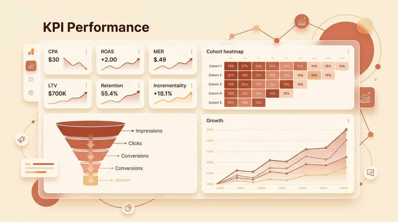 Dashboard KPI Performance Marketing hiển thị CPA ROAS MER LTV Retention và Incrementality