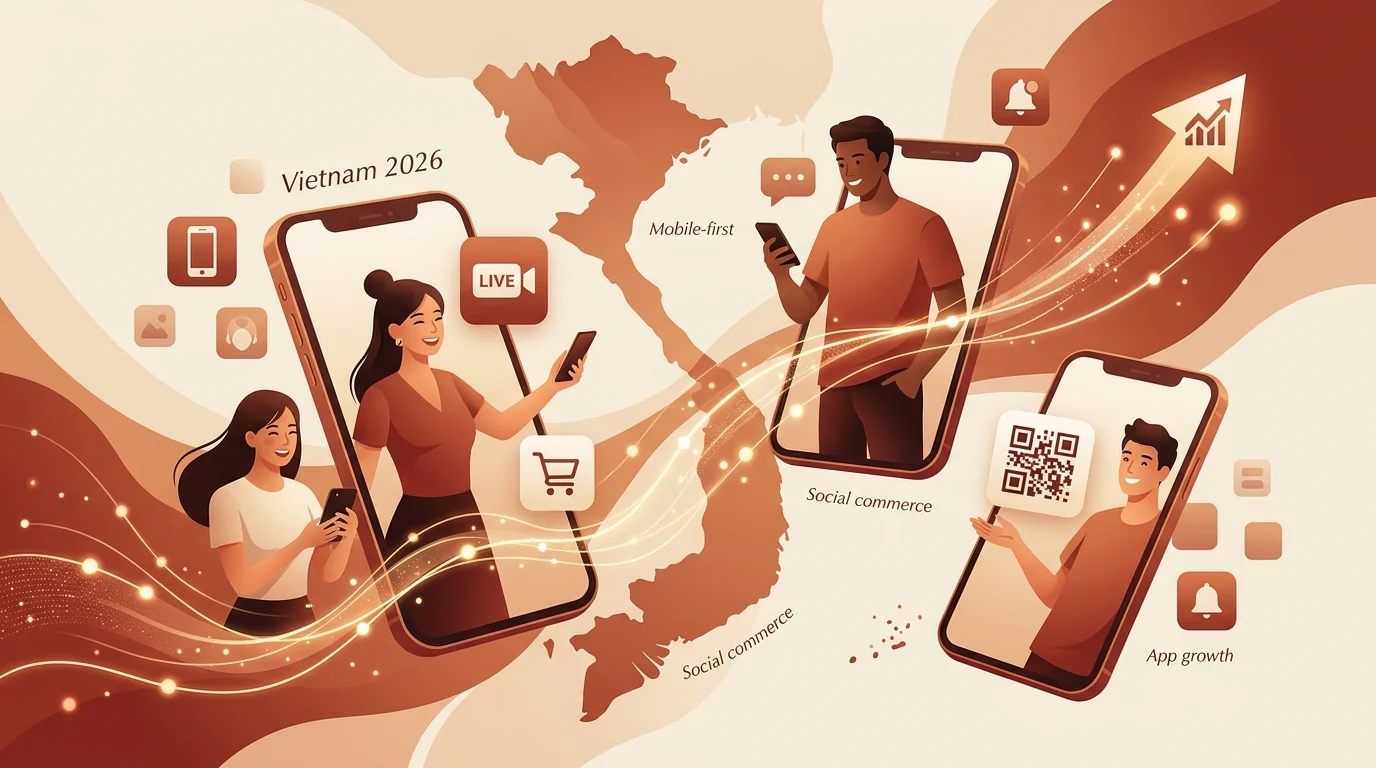 Minh họa bối cảnh Performance Marketing Việt Nam 2026 với smartphone social commerce app growth livestream và thanh toán số