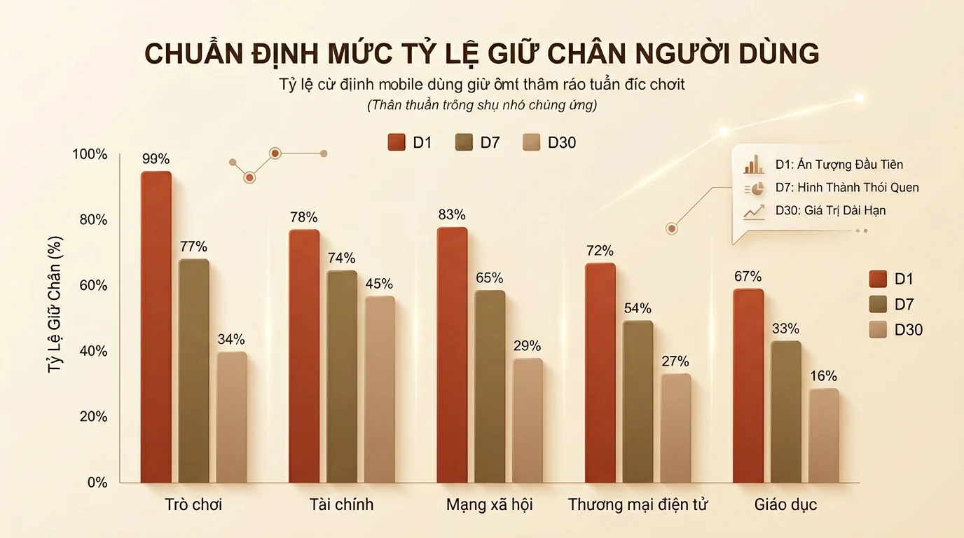 Biểu đồ benchmark giữ chân người dùng theo ngành app mobile gồm Game Tài chính Mạng xã hội Thương mại điện tử và Giáo dục