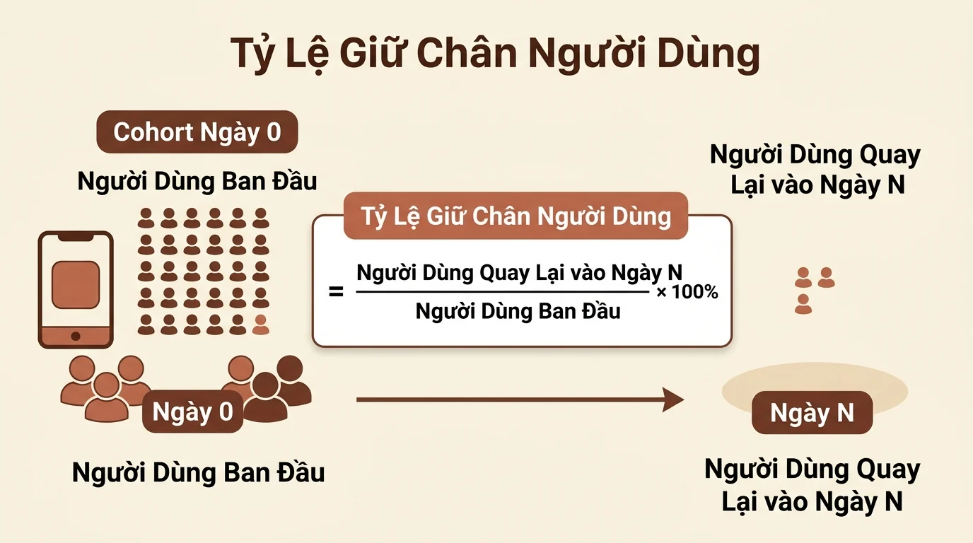 Infographic công thức tính Retention Rate bằng số người dùng quay lại chia cho số người dùng ban đầu nhân 100 phần trăm
