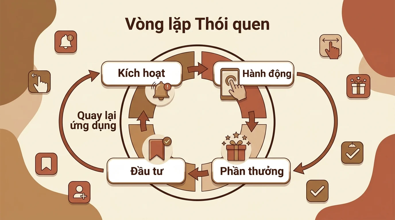 Sơ đồ vòng lặp thói quen trong app gồm kích hoạt hành động phần thưởng và đầu tư để tăng Retention Rate
