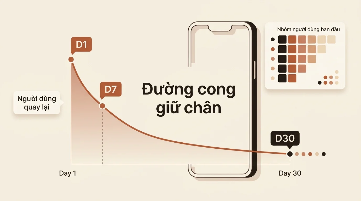 Dashboard minh họa Retention Rate với đường cong giữ chân người dùng qua các mốc D1 D7 và D30