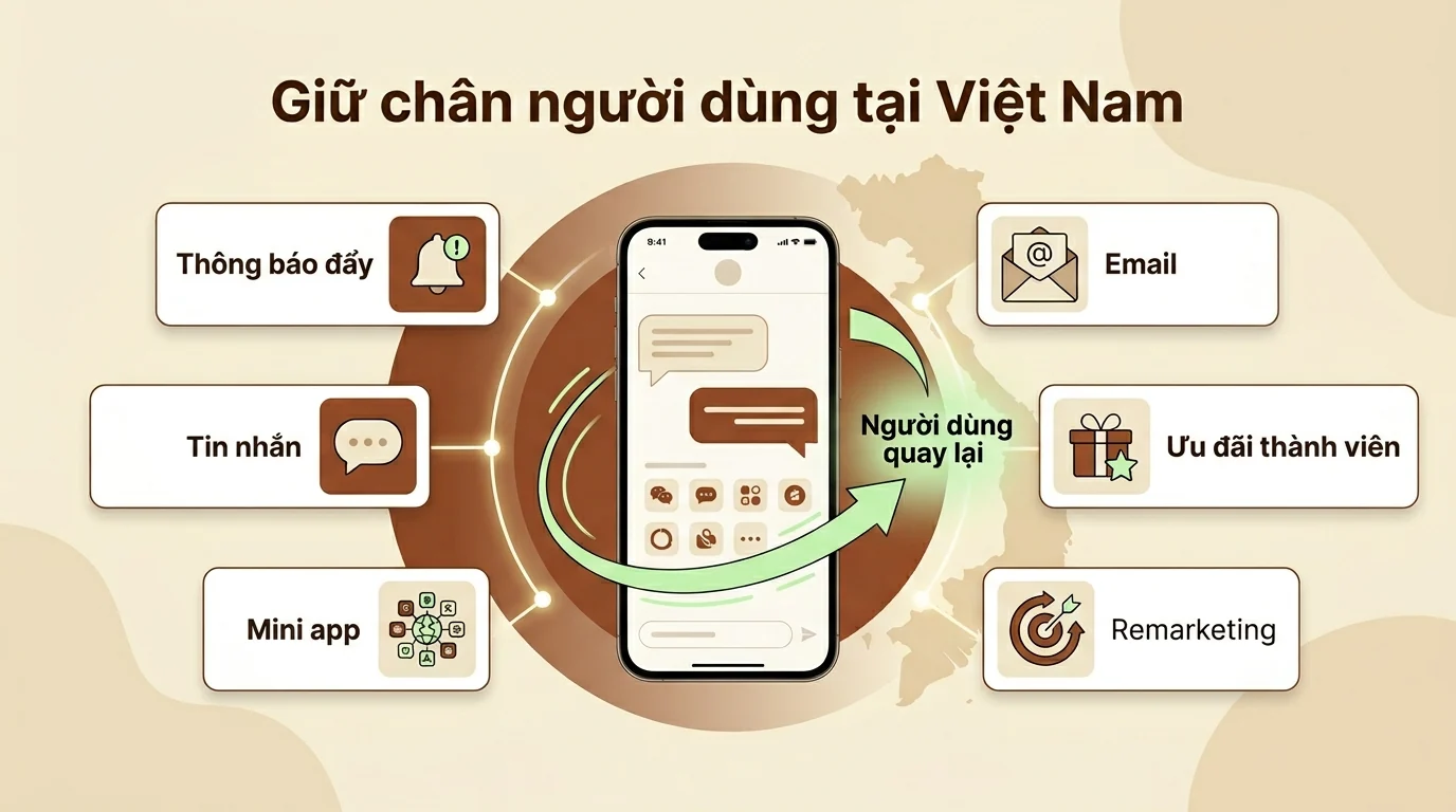 Minh họa các kênh giữ chân người dùng tại Việt Nam gồm thông báo đẩy tin nhắn mini app email ưu đãi thành viên và remarketing