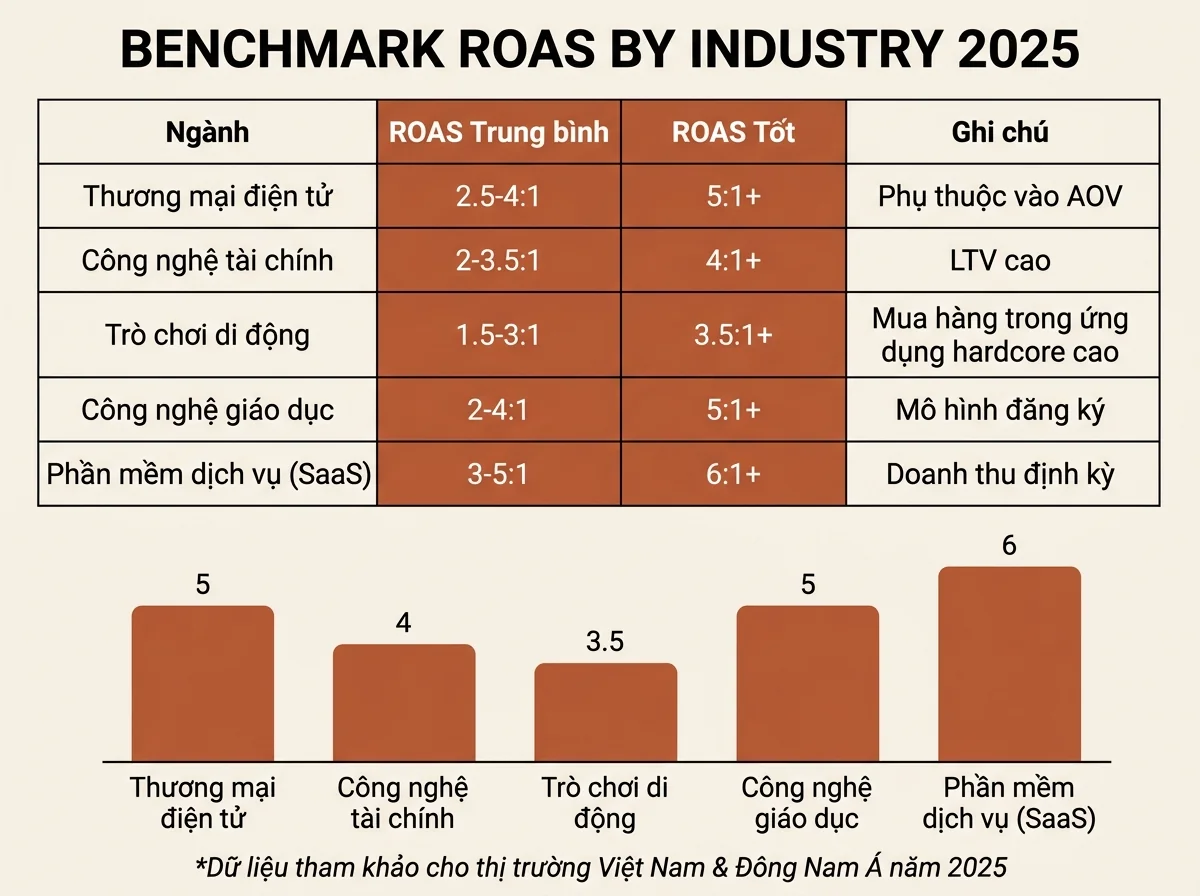 Infographic benchmark ROAS theo ngành tại Việt Nam và Đông Nam Á 2025