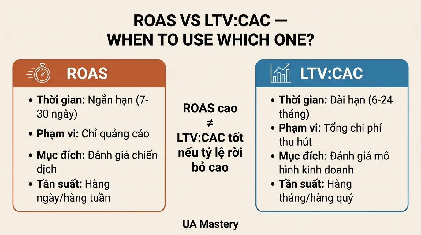 Infographic so sánh ROAS và LTV:CAC: thờii gian, phạm vi, mục đích và tần suất sử dụng