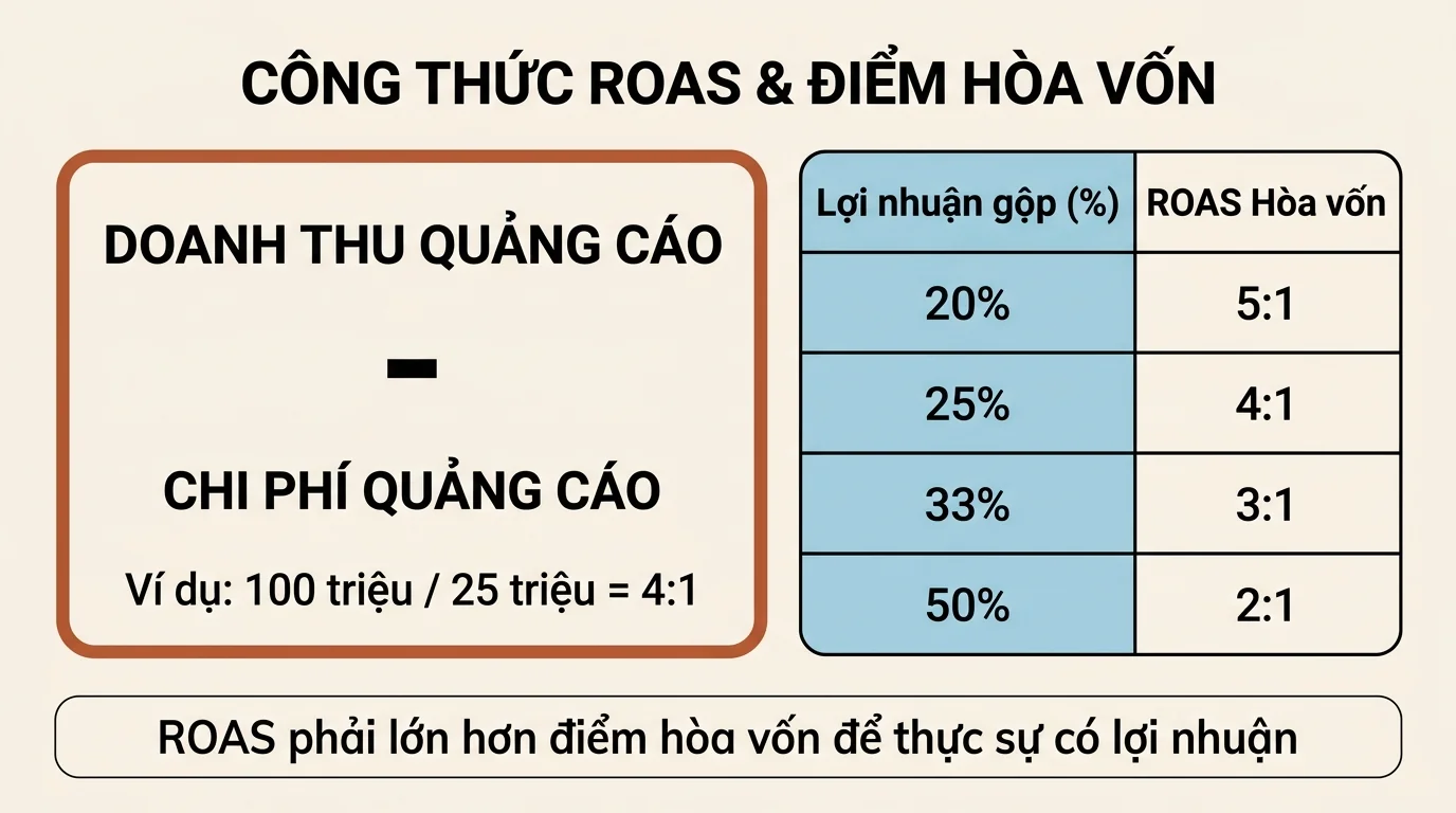 Infographic công thức ROAS và bảng điểm hòa vốn theo margin sản phẩm