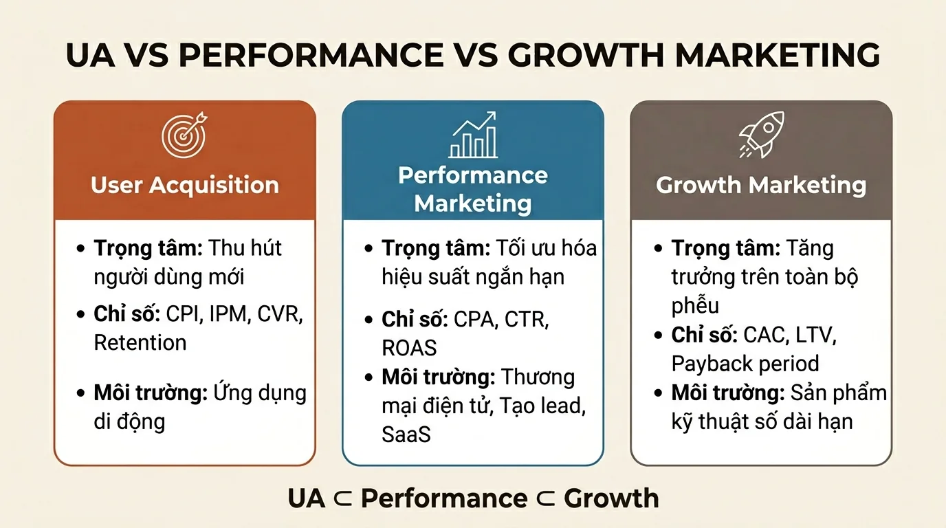 Infographic so sánh User Acquisition, Performance Marketing và Growth Marketing