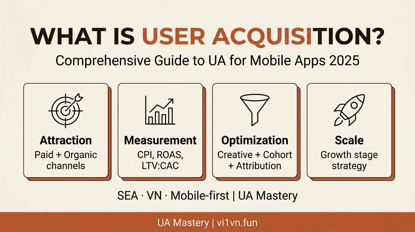 Infographic tổng quan User Acquisition: Thu hút, Đo lường, Tối ưu, Scale