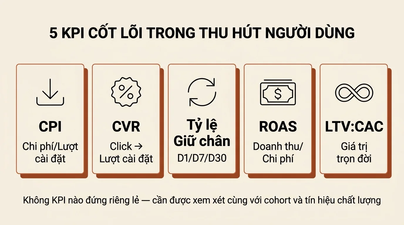 Infographic 5 KPI cốt lõi trong User Acquisition: CPI, CVR, Tỷ lệ giữ chân, ROAS, LTV:CAC