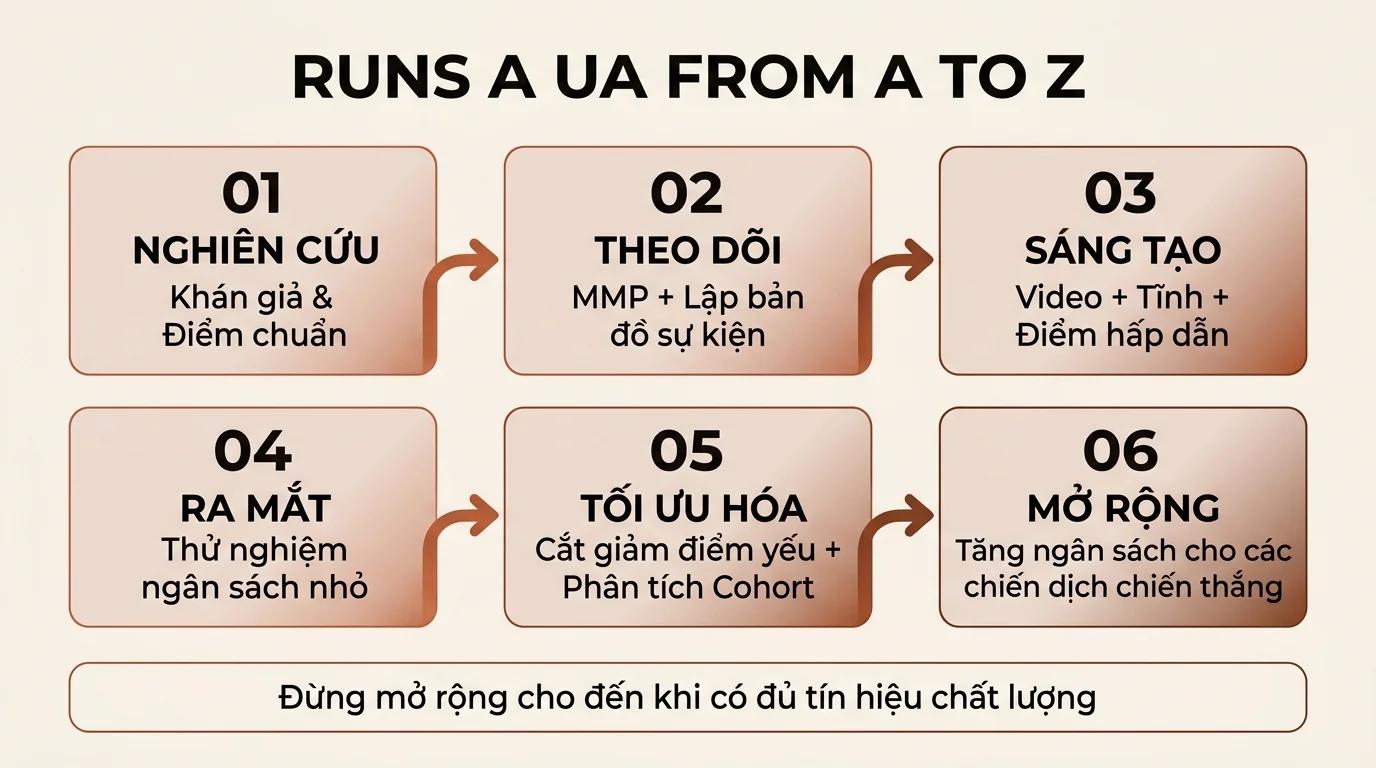 Infographic quy trình chạy User Acquisition 6 bước từ Research đến Scale